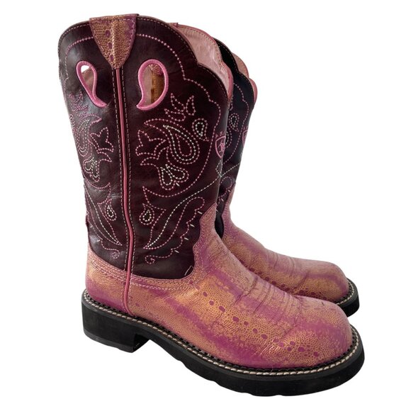 Ariat Western Boots Size 9 Pink Purple Embroidered Leather Round Toe Cowgirl - Picture 1 of 9